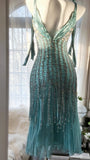 Elegant Blue V-Neck Beaded Tassel Chiffon Prom Dress HZ1022