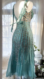 Elegant Blue V-Neck Beaded Tassel Chiffon Prom Dress HZ1022