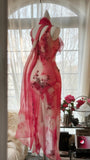 Dreamy Smudged Flower Beaded Chiffon Irregular Skirt Prom Dress HZ1022