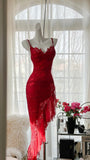 Sexy Red Lace Slanted Skirt Prom Dress HZ1022