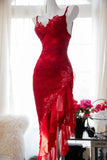 Sexy Red Lace Slanted Skirt Prom Dress HZ1022