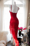 Sexy Red Lace Slanted Skirt Prom Dress HZ1022