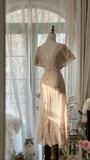 Elegant Pink V-neck Short-sleeved Chiffon Flowing Prom Dress HZ1022