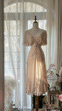 Elegant Pink V-neck Short-sleeved Chiffon Flowing Prom Dress HZ1022
