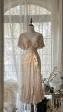 Elegant Pink V-neck Short-sleeved Chiffon Flowing Prom Dress HZ1022