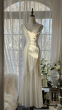 Clean and Elegant White V-Neck Lace Beaded Mermaid Long Prom Dress HZ1022