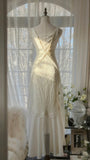 Clean and Elegant White V-Neck Lace Beaded Mermaid Long Prom Dress HZ1022