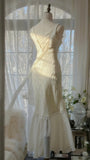 Clean and Elegant White V-Neck Lace Beaded Mermaid Long Prom Dress HZ1022