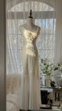 Clean and Elegant White V-Neck Lace Beaded Mermaid Long Prom Dress HZ1022