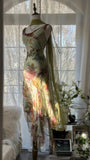 Vintage Green Oil Painting Chiffon Print Irregular Skirt Prom Dress HZ1022