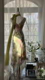 Vintage Green Oil Painting Chiffon Print Irregular Skirt Prom Dress HZ1022