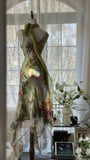 Vintage Green Oil Painting Chiffon Print Irregular Skirt Prom Dress HZ1022