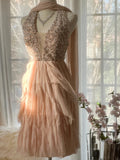 Cute Pink Halterneck Backless Beaded Chiffon Short Prom Dress HZ1022