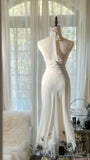 Sexy White Halter Neck Chiffon Lace Trim Prom Dress HZ1022