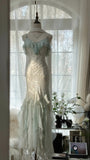 Beautiful Light Blue V-neck Ruffled Beaded Chiffon Mermaid Long Prom Dress HZ1022