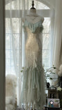 Beautiful Light Blue V-neck Ruffled Beaded Chiffon Mermaid Long Prom Dress HZ1022