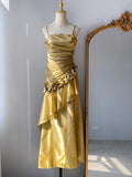 Elegant Yellow Strap Pleated 3D Flower Satin Long Prom Dress HZ1022