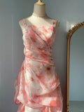 Tender Pink Printed Tulle Long Prom Dress HZ1022