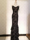 Sexy Black Tulle Rose Strap Mermaid Long Prom Dress HZ1022