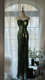 Vintage Dark Green Strapless Beaded Chiffon Mermaid Long Prom Dress HZ1022
