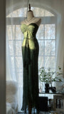 Vintage Dark Green Strapless Beaded Chiffon Mermaid Long Prom Dress HZ1022