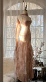 Cute Pink Shoulder Strap Flowing Ribbon Chiffon Beaded Long Prom Dress HZ1022