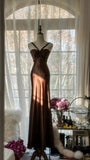 Simple and Elegant Brown Backless Satin Mermaid Long Prom Dress HZ1022