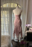 Cute Cherry Blossom Pink Beaded Chiffon Irregular Hem Prom Dress HZ1022