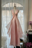 Elegant Pink Chiffon V-Neck Simple Long Prom Dress HZ1022