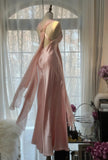 Elegant Pink Chiffon V-Neck Simple Long Prom Dress HZ1022