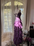 Retro Strapless Grape Purple Fungus Curled Skirt Chiffon Long Prom Dress HZ1022