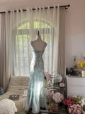 Lake Blue Square Neck Beaded Strap Long Prom Dress HZ1022