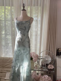 Lake Blue Square Neck Beaded Strap Long Prom Dress HZ1022