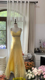 Vintage Yellow Backless Beaded Chiffon Long Prom Dress HZ1022
