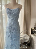 Vintage Light Blue Lace Beaded Open Back Short Train Prom Dress HZ1022
