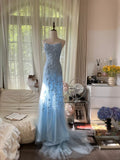 Vintage Light Blue Lace Beaded Open Back Short Train Prom Dress HZ1022