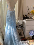 Vintage Light Blue Lace Beaded Open Back Short Train Prom Dress HZ1022