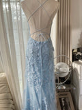 Vintage Light Blue Lace Beaded Open Back Short Train Prom Dress HZ1022