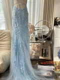 Vintage Light Blue Lace Beaded Open Back Short Train Prom Dress HZ1022