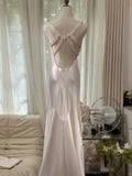 Elegant And Simple White Satin Open Back Prom Dress With Train HZ1022