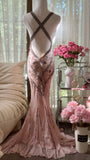 Retro Pink Halterneck V-neck Open Back Beaded Chiffon Long Prom Dress HZ1022