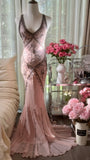 Retro Pink Halterneck V-neck Open Back Beaded Chiffon Long Prom Dress HZ1022