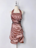 Retro Milk Coffee Color Halter Neck Black Tulle Bud Homecoming Dress HZ1022