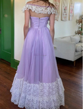 Princess Purple Vintage Lace Patchwork Front Open A-line Prom Dress HZ1022