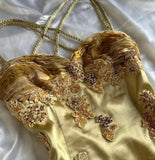 French Retro Gold Beaded Satin Irregular Skirt Prom Dress HZ1022
