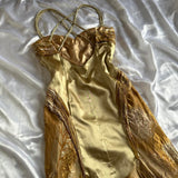 French Retro Gold Beaded Satin Irregular Skirt Prom Dress HZ1022