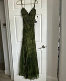 Vintage Dark Green Beaded Strap Chiffon Mermaid Slit Prom Dress HZ1022