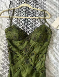 Vintage Dark Green Beaded Strap Chiffon Mermaid Slit Prom Dress HZ1022