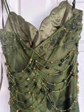 Vintage Dark Green Beaded Strap Chiffon Mermaid Slit Prom Dress HZ1022