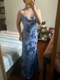 Elegant Spaghetti Strap Blue And Purple Printed Chic Long Prom Dress HZ1022
